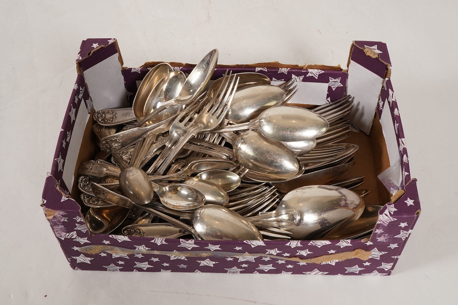 A matched part canteen of mainly 19th century silver double struck fiddle, thread and shell pattern flatware for twelve